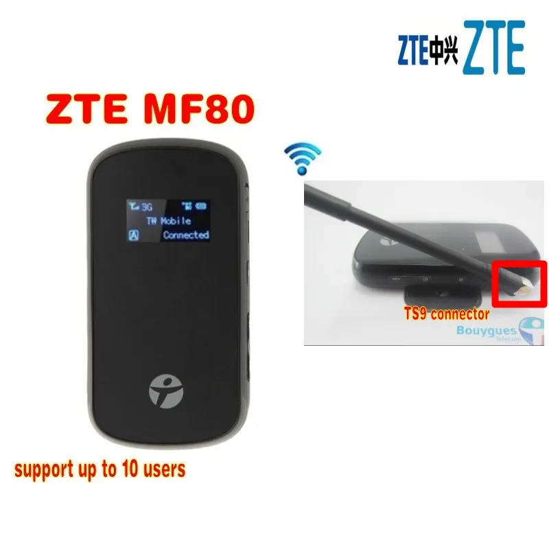 ZTE mf80 Портативный Hotspot 42 Мбит/с + 10 доступа Wi-Fi + антенна TS9 типа