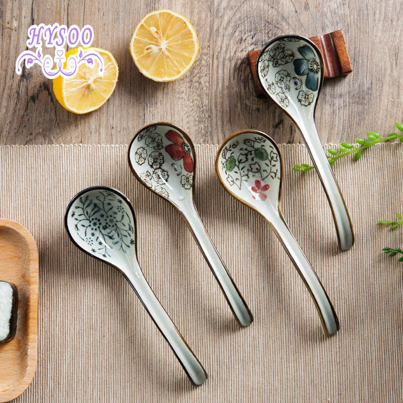 

Ceramic Japanese spoon long handle child spoon creative kitchen tableware stir spoon small spoon HYSOO