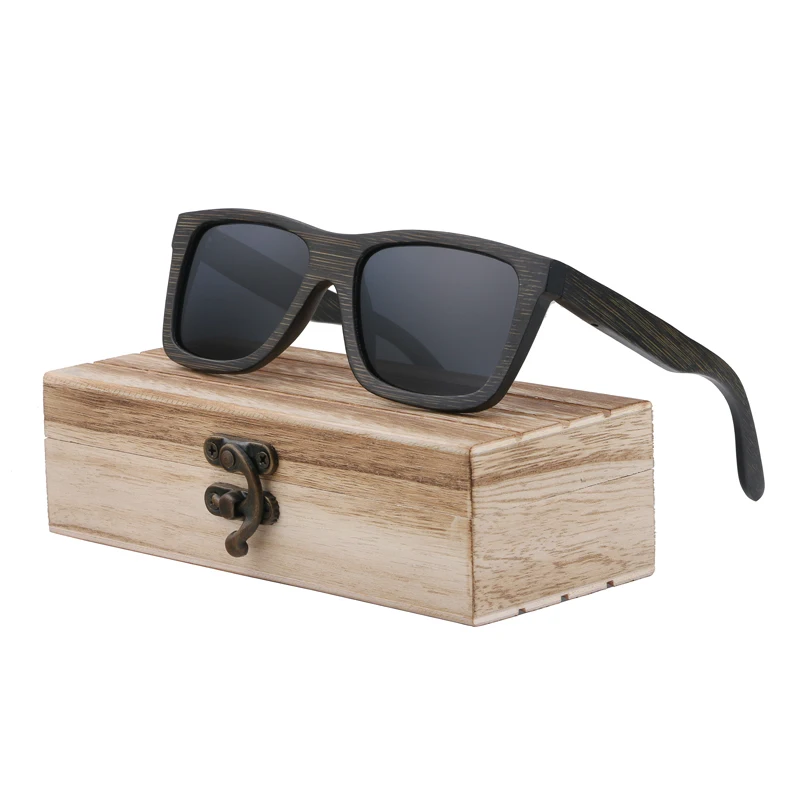 BerWer женские мужские винтажные деревянные бамбуковые солнцезащитные очки поляризованные зеркальные покрытия бамбуковые солнцезащитные очки для мужчин s в подарочной коробке - Цвет линз: black lens with case