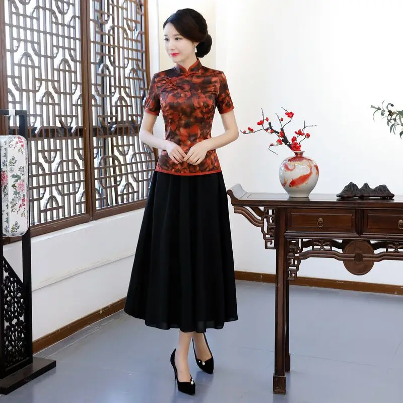 Plus Size S-4XL Womens Blouse Rok Sets Nieuwe Zomer Zijde Korte Mouwen Vintage Chinese Stijl Mandarijn Kraag 2 st kleding Plus Size S-4XL Womens Blouse Rok Sets Nieuwe Zomer Zijde Korte Mouwen Vintage Chinese Stijl Mandarijn Kraag 2 st kleding