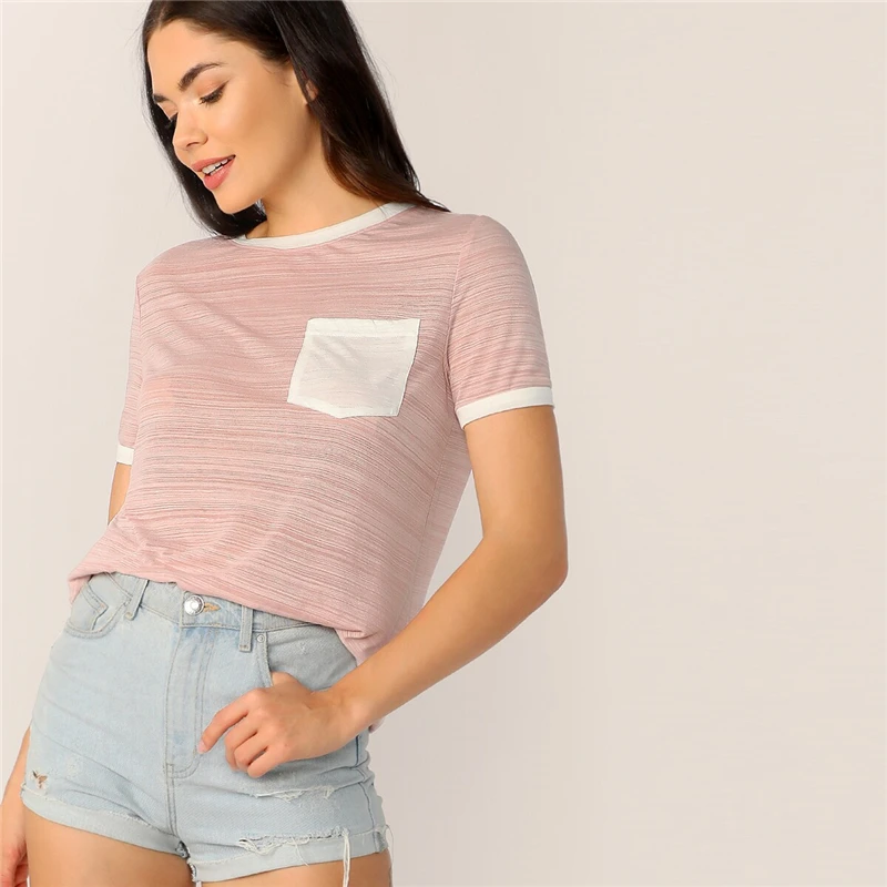 SweatyRocks/женская футболка с розовым карманом и заплатками, 2019 летние уличные футболки, повседневные женские топы с круглым вырезом