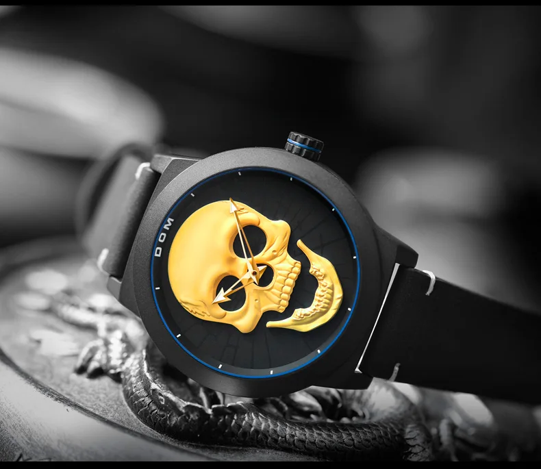 Крутые Панк 3D череп мужские часы Бренд DOM роскошные стальные золотые черные винтажные кварцевые мужские часы спортивные часы Relogio Masculin