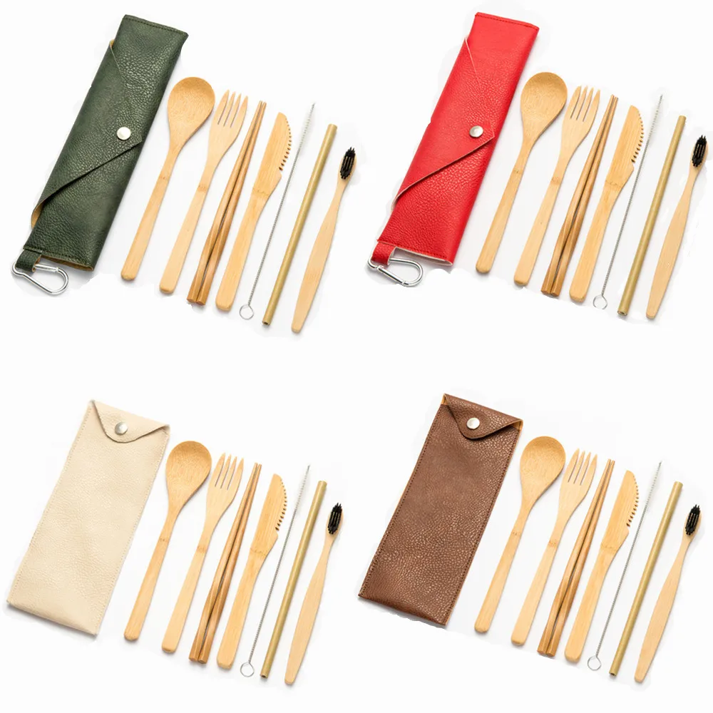 

2/3/4set wooden tableware Dinnerware set portable cutlery bag for forks knives spoons bamboo straw chopsticks reusable cutlery