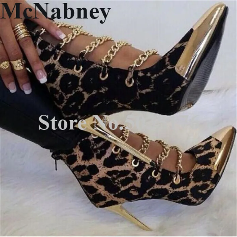 

2019 European Fashion Leopard Pointed Toe Stiletto Heel Mid-Calf Metal Chain Hollow Zip Short Boots Spring/Autumn Women Shoes