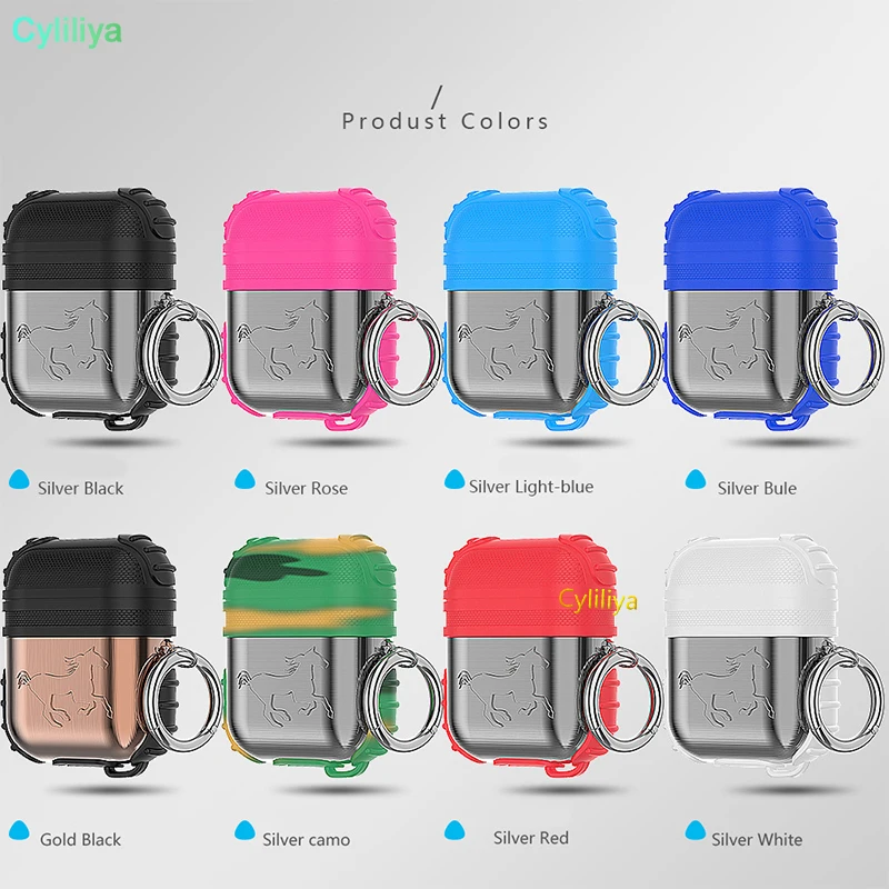 

300pcs For AirPods Protector 2 in 1 Silicone Metal Horse Shockproof Cover Protective Case Shell Skin Sport Hook For Charging Box