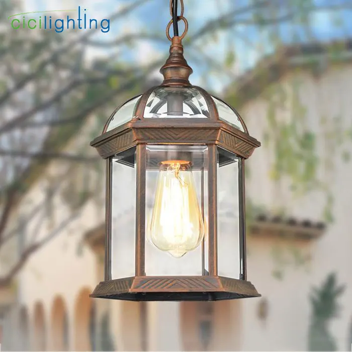 Antique Aluminum alloy+ glass shade outdoor pendant lights,black brown grape rack exterior pathway walkway aisle hanging lamp