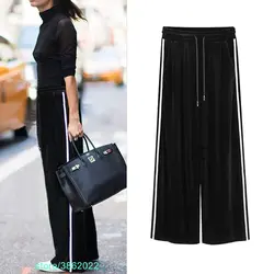 Для женщин брюки 2018 Весна Pleuche Черные свободные широкие штаны эластичный пояс сбоку бары плюс Размеры M-6XL брюки для Для женщин