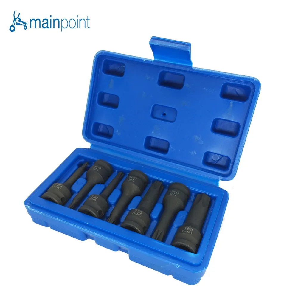 

Mainpoint 3/8" Drive Star Torx Impact Socket Bits 7Pieces T20-T60 Metric Hex Allen Spline CR-MO Ratchet Bit Socket Set