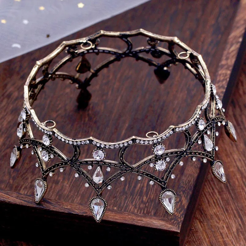 Skup FORSEVEN w stylu Vintage czarny kryształ Rhinestone dla nowożeńców Diadem tiary korony korowód kobiety Diadem chluba biżuteria ślubna akcesoria do włosów JL