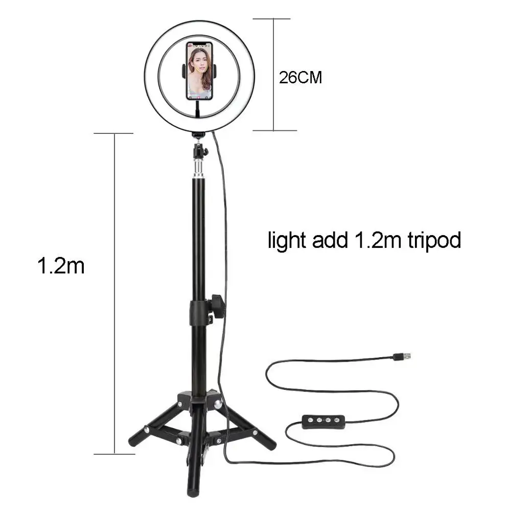 add 1.2m tripod 10 дюймов, 26 см, USB зарядка, кольцевой светильник для селфи, вспышка, светодиодная камера, телефон, фотосъемка, улучшенная фотография для смартфона, студия VK - Цвет: add 1.2m tripod