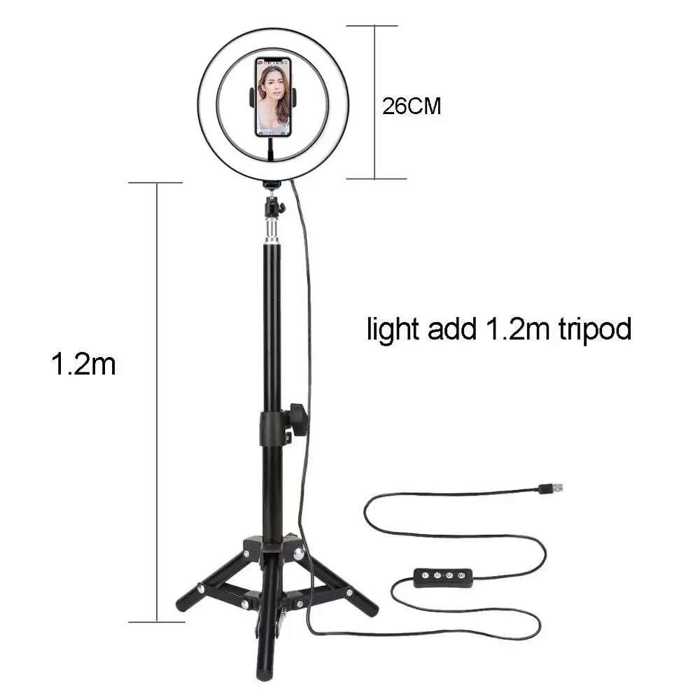10 дюймов, 26 см, USB зарядка, кольцевой светильник для селфи, вспышка, светодиодная камера, телефон, фотосъемка, улучшенная фотография для смартфона, студия VK - Цвет: add 1.2m tripod