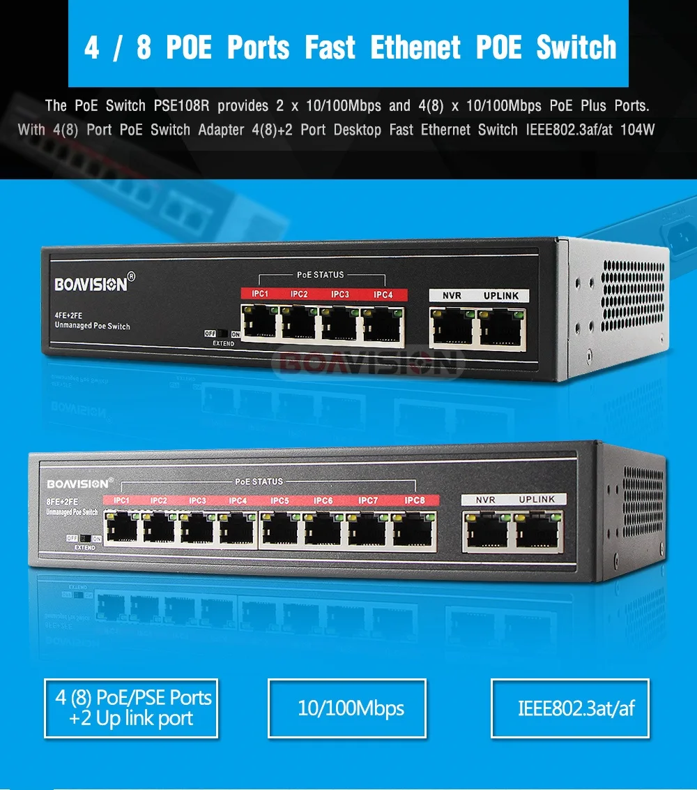 4/8 POE Порты быстро Ethenet 10/100 Мбит/с 2 до ссылка Порты 1 Гбит/с IEEE802.3at/af PoE коммутатор адаптер Max 30 Вт Поддержка POE IP Камера