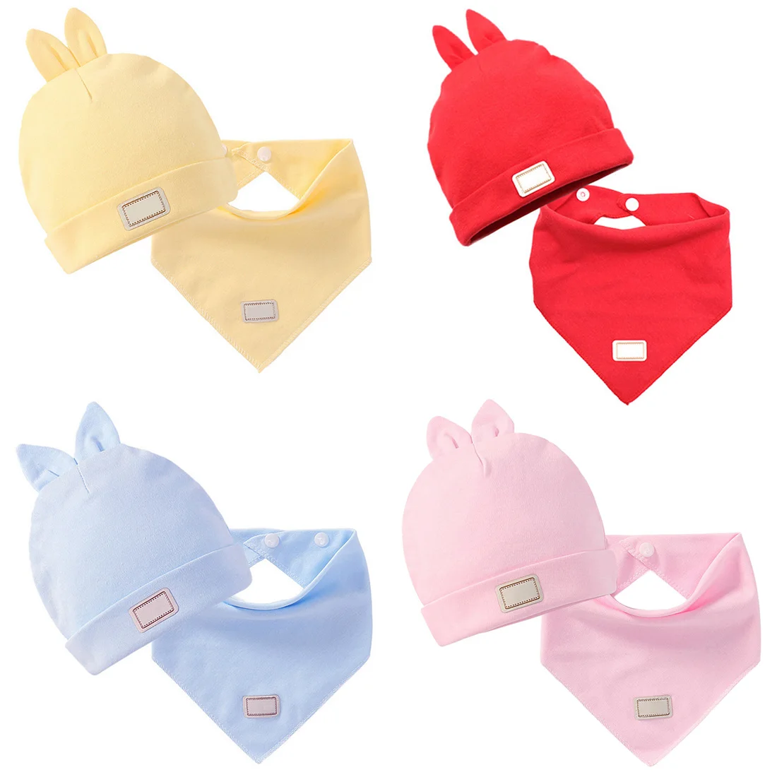 elastic head scarf double layer cotton baby caps hats with baby bibs set yellow and sky blue for newborn infant
