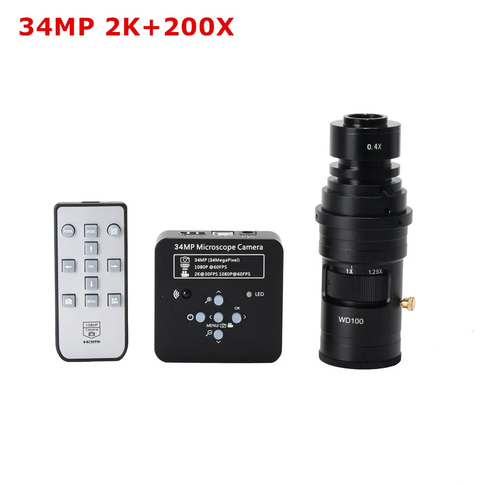 34MP and 200X 34MP 2K 60FPS HDMI USB промышленный цифровой видео паяльник микроскоп камера Лупа с 100X 180X 200X 300X C-mount зум-объектив - Цвет: 34MP and 200X