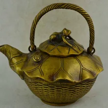 Китай ручной работы медная резьба реалистичные листья лотоса и лягушка счастливый большой чайник