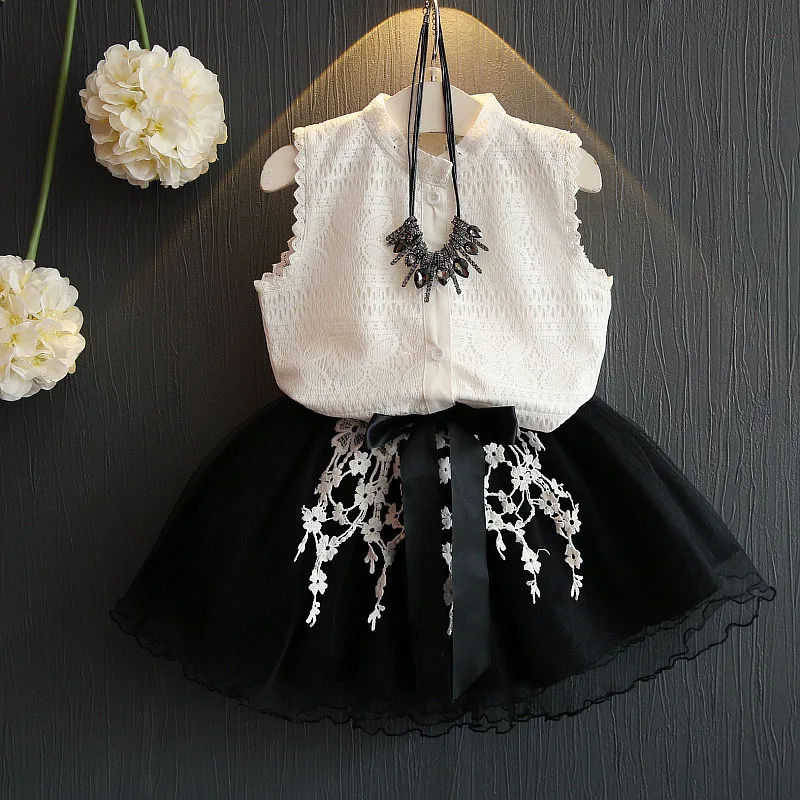 

Nerlero Girls Clothing Sets New Summer Fashion Lace T-Shirts + Net Veil Skirt Suit 2Pcs Kids Clothes Sleeveless Girls Outfits