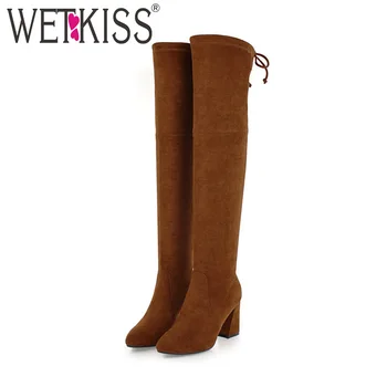 

WETKISS Winter High Heels Women Boots Cross Tied Round Toe Footwear Stretch Female Boot Over The Knee Shoes Women 2018 New Black
