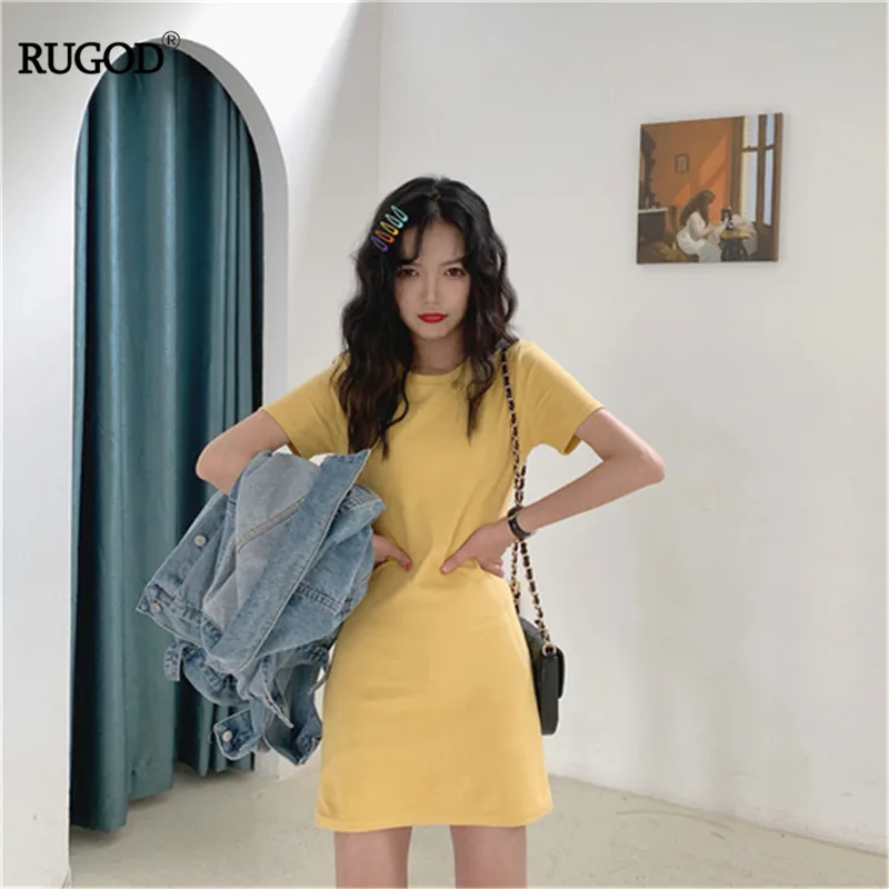 

RUGOD 2019 summer korea women solid o-neck short sleeve dress slim lady sweet girl casual lady cotton vestidos