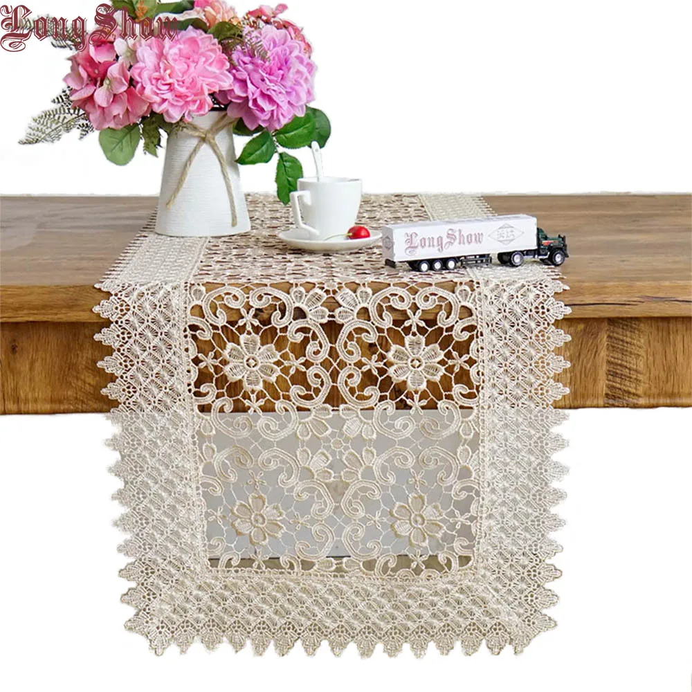 

LongShow Luxury Pure Chemical Embroidered Lace Trim Banquet Decoration Hollow-Out Design Table Runner