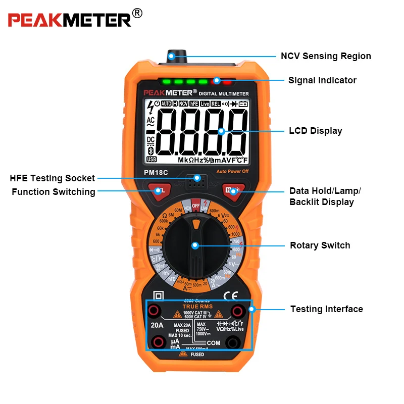 PEAKMETER PM18C цифровой мультиметр с истинным RMS AC/DC сопротивление напряжения Емкость Частота Температура NCV тестер