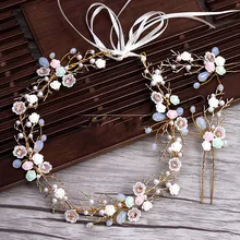 Золотая ветка, керамическая Цветочная повязка, заколки для волос, свадебная тиара, украшение для волос для невесты, свадебные аксессуары для волос