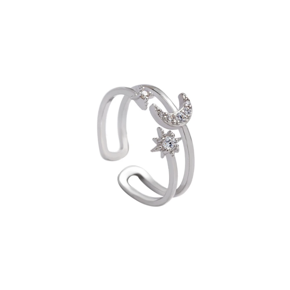 

925 Sterling Silver Double Layer Starry Moonlight Ring Open Exquisite CZ Zircon Moon Stars White Gold S925 Women Wedding Ring