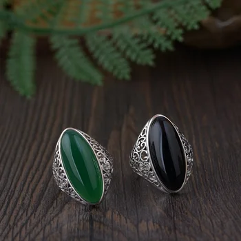 

Genuine Solid Ring 925 Silver Party Women Antique Vintage Rings Natural Agate Stone Adjustable Fine Jewelry Bijoux