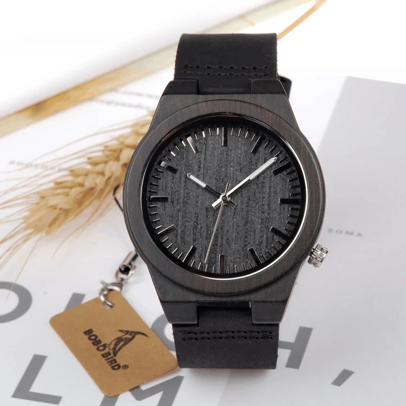 BOBO BIRD Watches Men Genuine Leather Band Black Wood Watch Japan Move' Quartz Wood Wristwatches relogio masculino C-B12