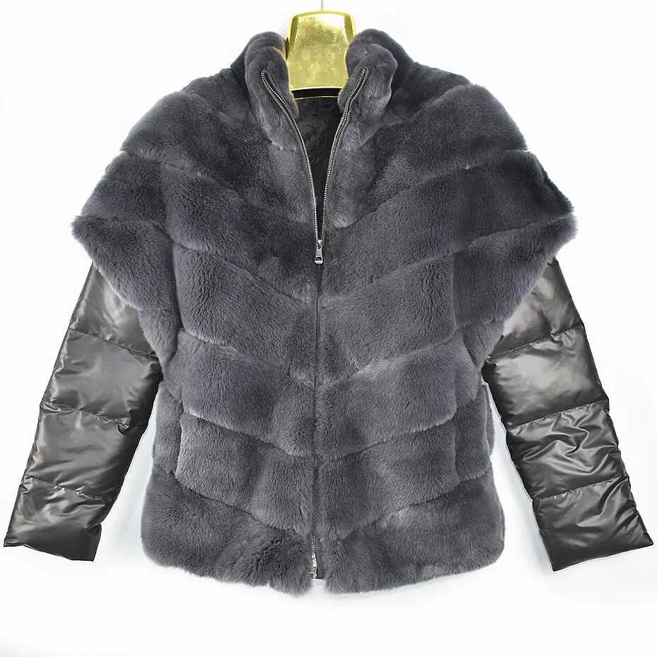 

2018ladies new natural rabbit fur coat with down sleeves detachable real rex rabbit fur bat type jacket autumn and winter warm