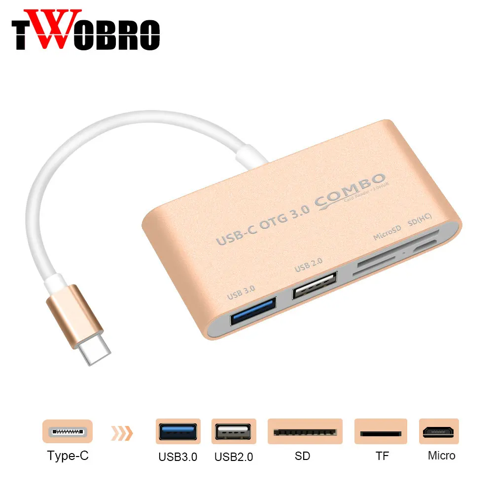 USB 3,1 Тип-C OTG Combo TF SD Card Reader + USB 3,0/2,0 хаб Алюминий адаптер Shell цвет серебристый, золотой для ноутбука таблетки телефона