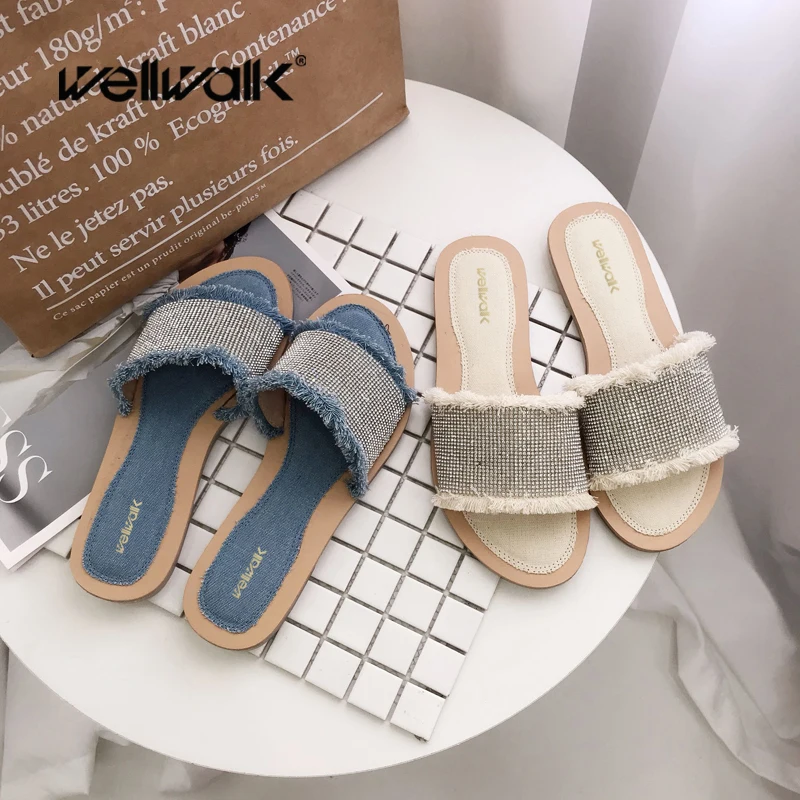 Wellwalk Woman Crystal Jean Slippers Comfort Ladies Flat Foldable Slides Round Toe Summer Shoes Female Tassel Slipper | Обувь