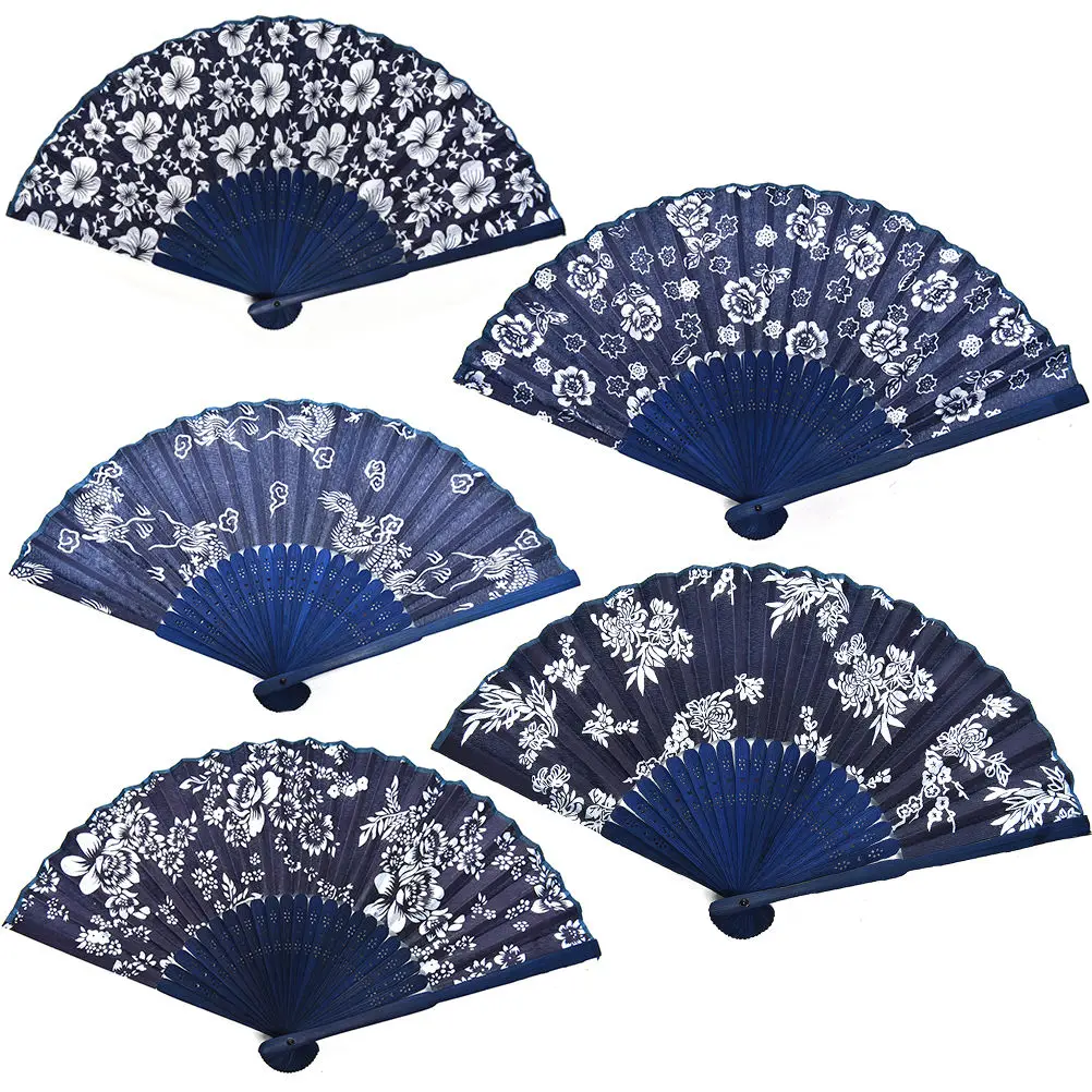 

Blue Fabric Hand Fan Cool Summer Classical Flower Design Chinese Style With Dyed Blue Bamboo Frame Wedding Party Favor Decor
