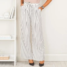 Women's high waist striped belt harem pants elastic waist wide leg long pencil trousers with side pockets Women's high waist striped belt harem pants elastic waist wide leg long pencil trousers with side pockets