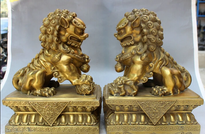 

song voge gem S2879 13" Chinese Brass Folk Talisman Evil Guardion Door Lion Foo Fu Dog Statue Pair