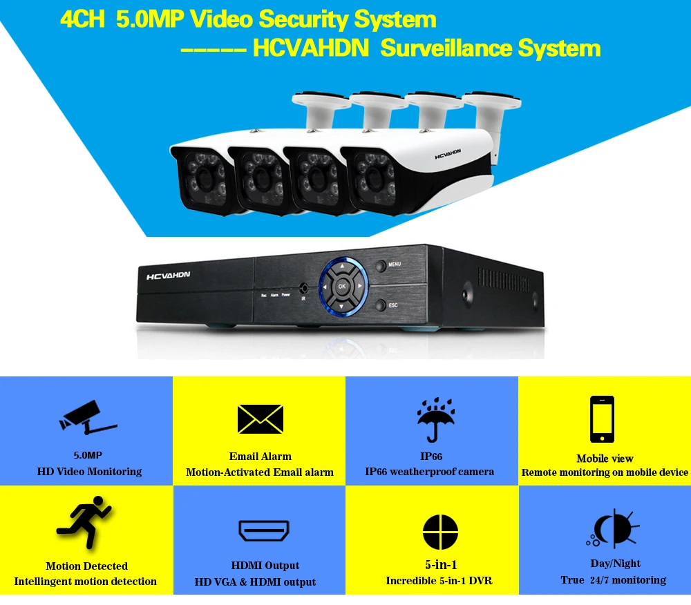 Cheap HCVAHDN 5.0MP 4CH Security Camera System CCTV Surveillance Kit 40m Night Vision Camera HDMI P2P  DVR 5MP Video Output Kits 0