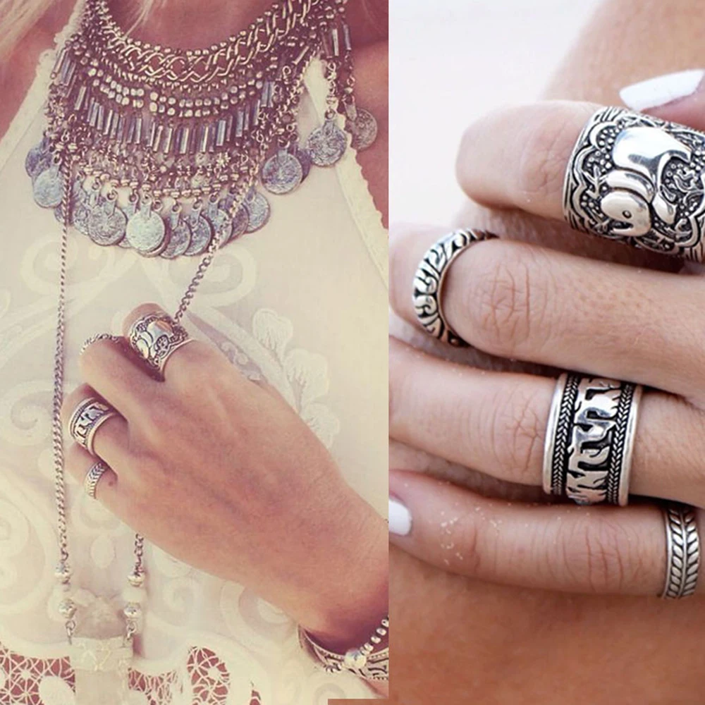 

Fashion Women's Cheap Bronze Elephant Joint Knuckle Nail Ring Gift Men's Cool 4pcs/Set Bangkok Buddhism Elephant Design Rings