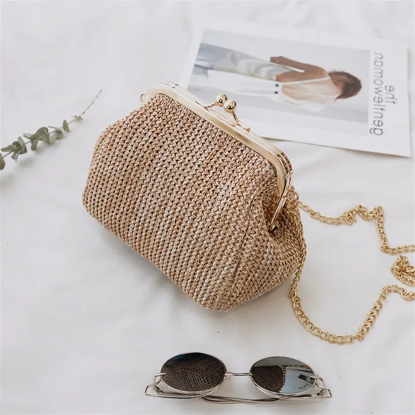 TOYOOSKY/Летняя стильная женская сумочка; модные соломенные сумки в виде ракушки; женская пляжная сумка для отдыха; маленькая сумка на плечо с цепочкой и замком поцелуя - Цвет: Brown