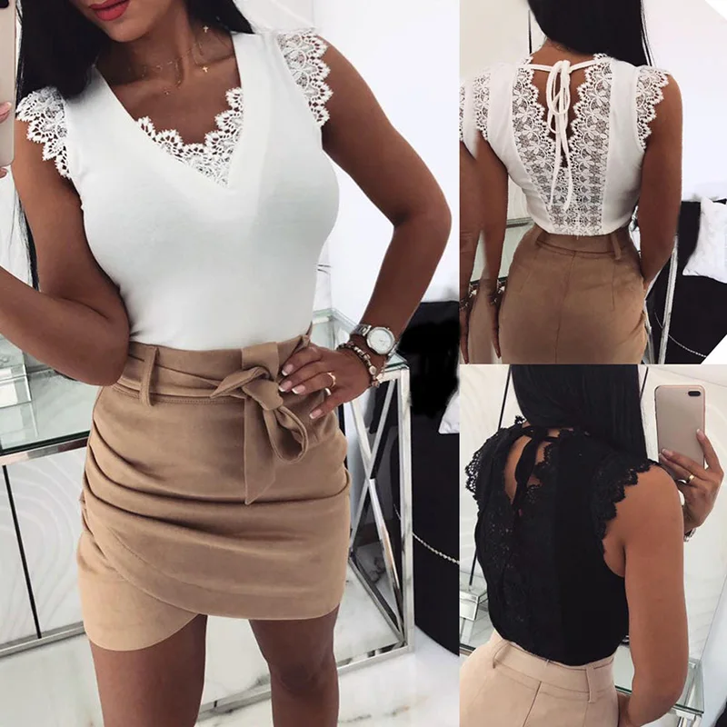 

2019 Sexy Women Blouses Bandage Floral Lace Slim Bustier Solid Color Blouse Shirt Women Club Party Top Shirt Vest Clothes 1PC
