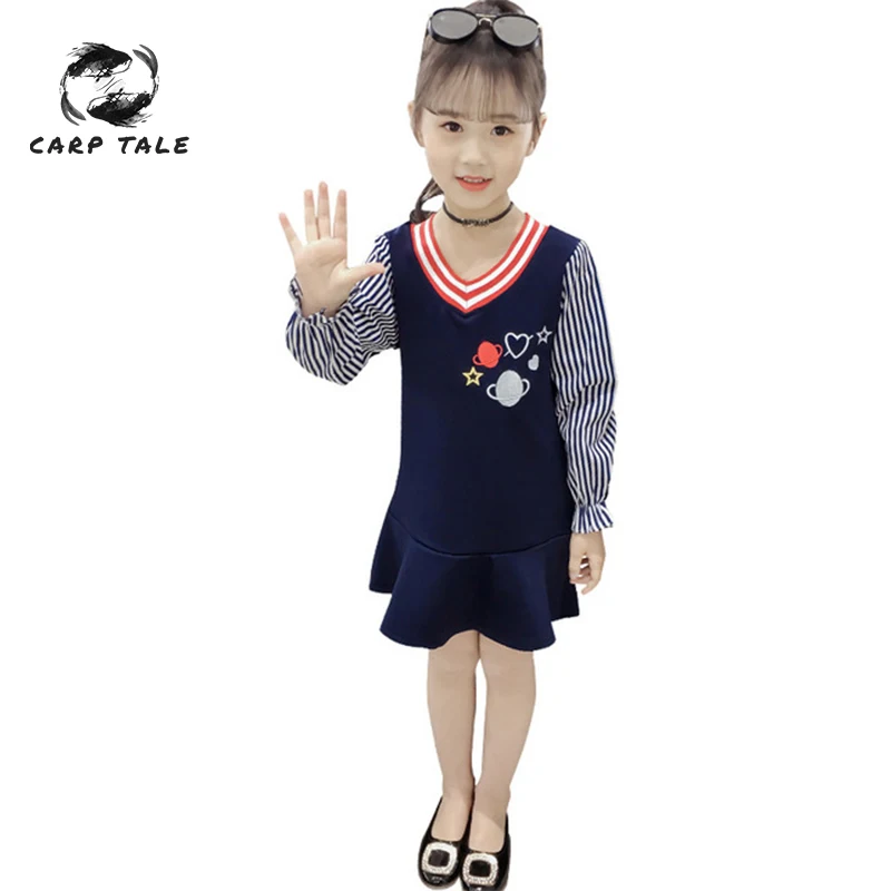 

Children's wear dress spring long-sleeved children's embroidery planet college wind V-neck striped long-sleeved children's
