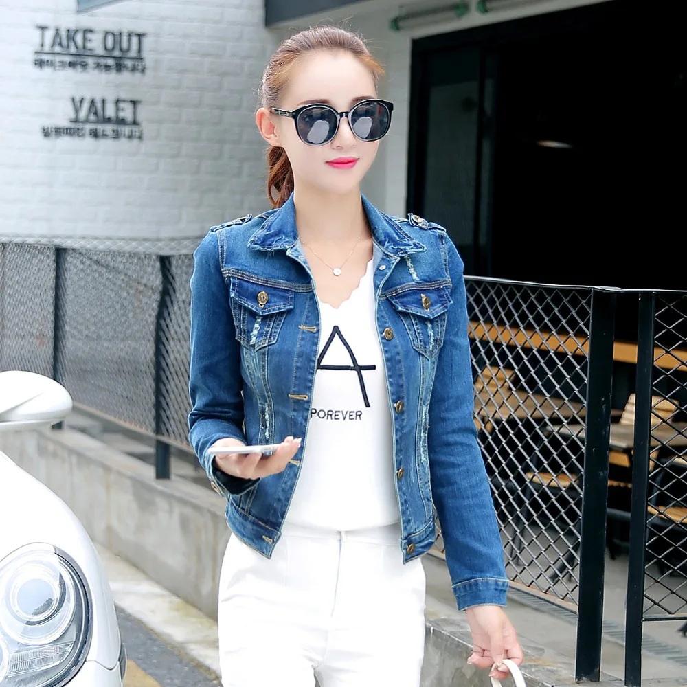 2017 Autumn Women Denim Jackets Fashion Casual Long Sleeve Slim Holes