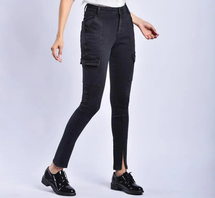 Женские повседневные узкие джинсы с завышенной талией черные брюки карго S/3Xl Большие размеры Длина по щиколотку карманные брюки K1026