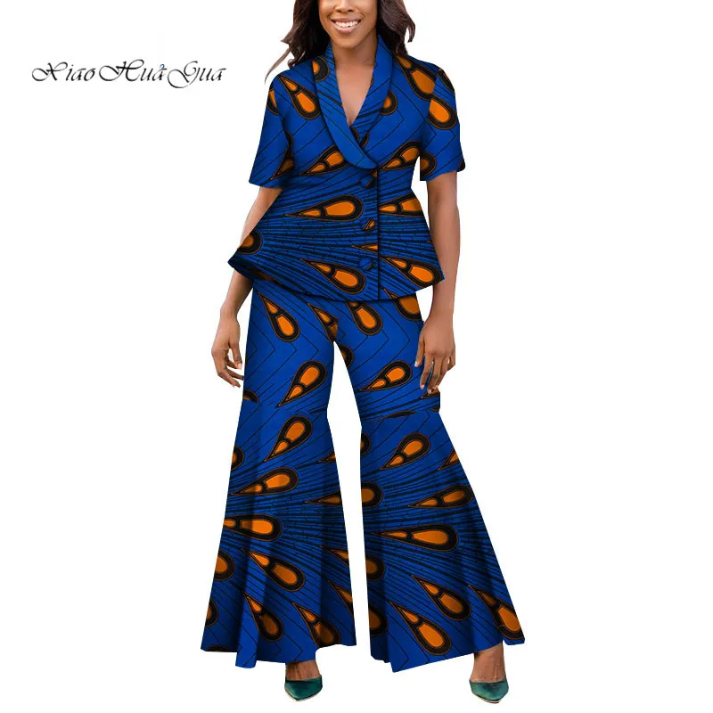 

spring african Outfits for women 2 pcs set single button coat+short sleeve blazer+flare wide leg pants suit fashion wy4669