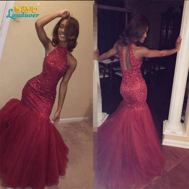 Wine Red Halter Backless Prom Dress