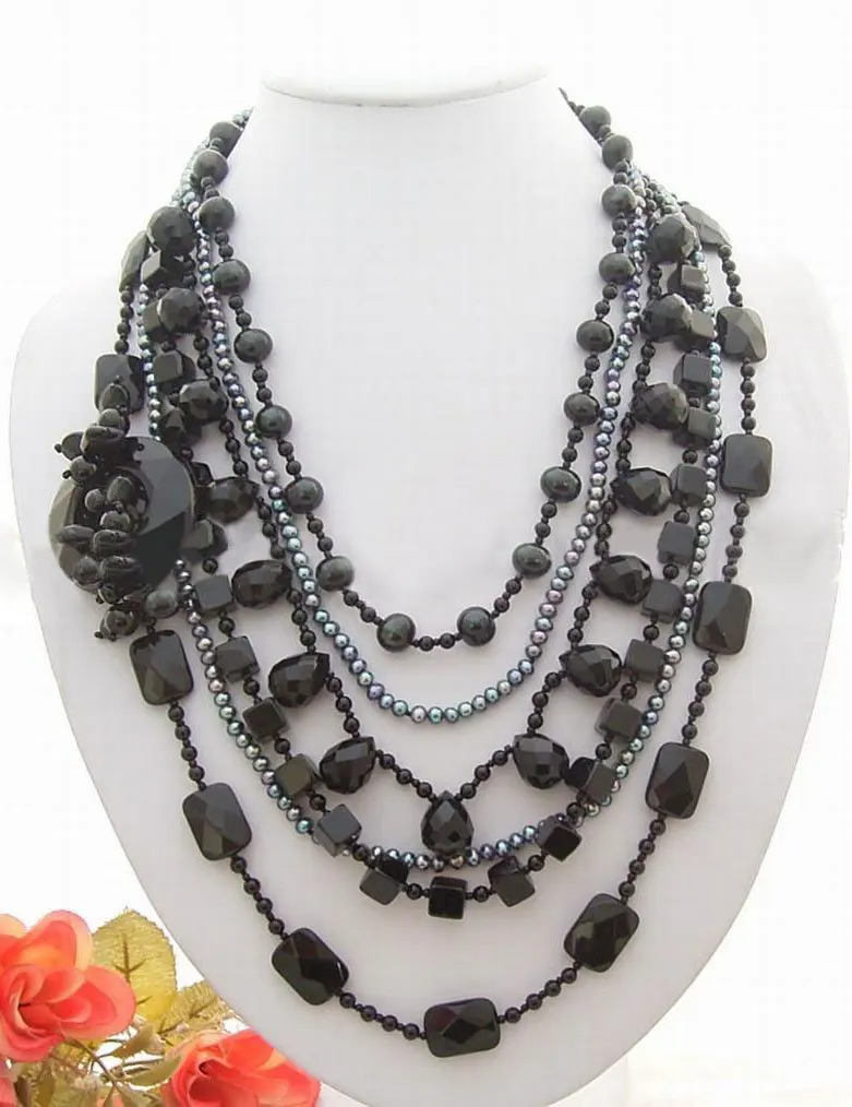 

Charming!6Strds Black Pearl&Onyx&Crystal Necklace