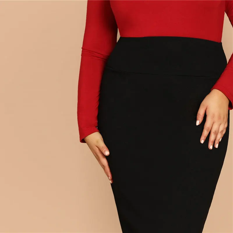 SHEIN/черная однотонная женская элегантная юбка-карандаш большого размера, весенне-осенняя Офисная Женская рабочая одежда, эластичные