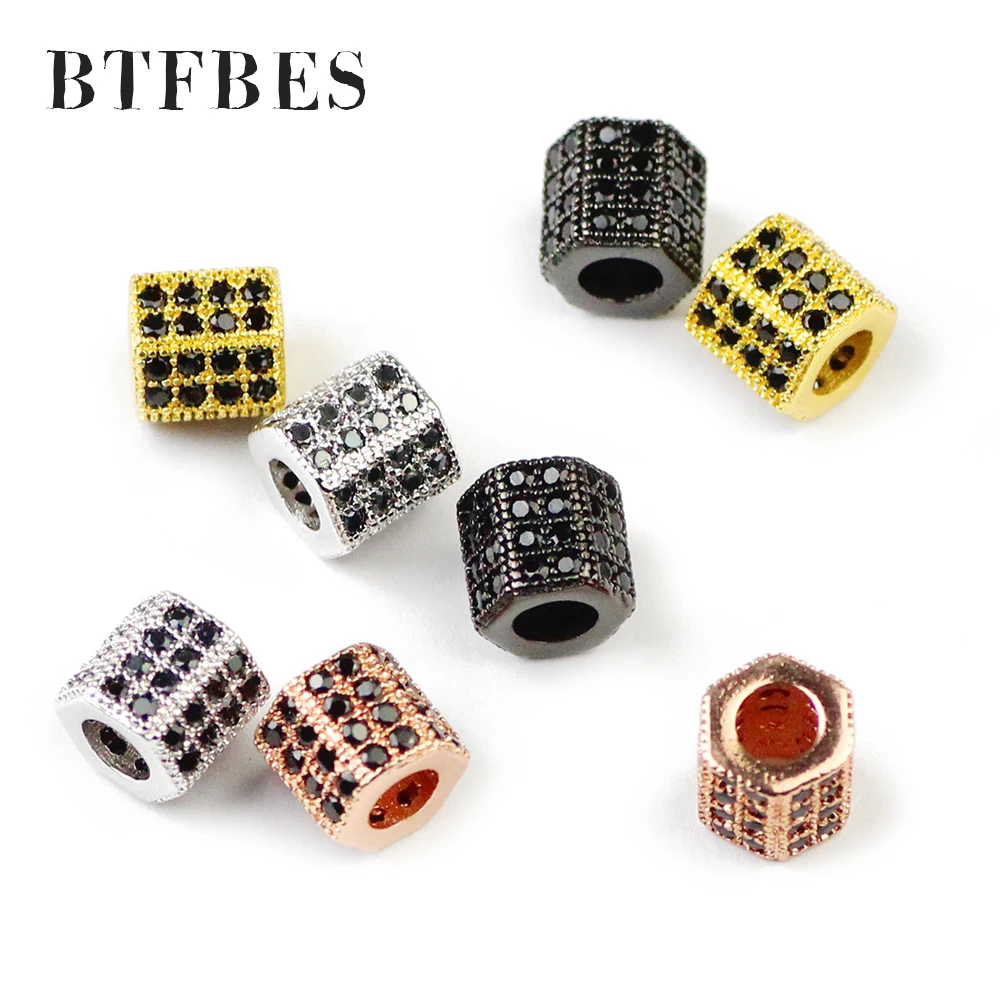 

BTFBES 2pcs Black CZ Geometric Copper Spacer bead 6~9mm Pave Crystal Charms metal Loose beads for Jewelry bracelet making DIY