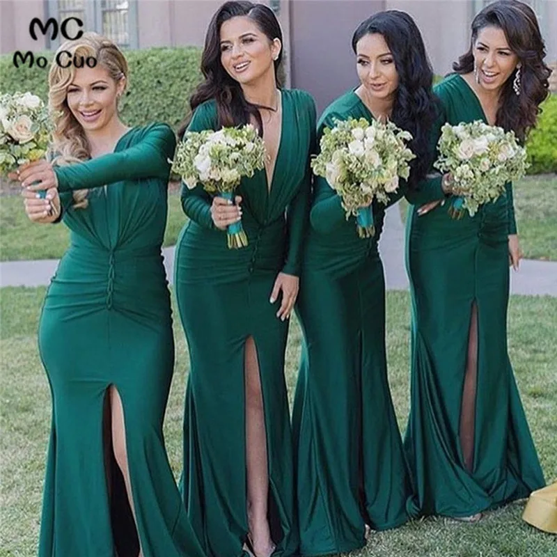 Unique Long Sleeves Sexy V Neck Mermaid Teal Green Cheap Long Bridesmaid Dresses,