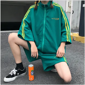 

Pink Black Two Piece Tracksuit Sets Women 2019 Summer Zip Short Sleeve Tops + Shorts Youth Loose Harajuku Sets