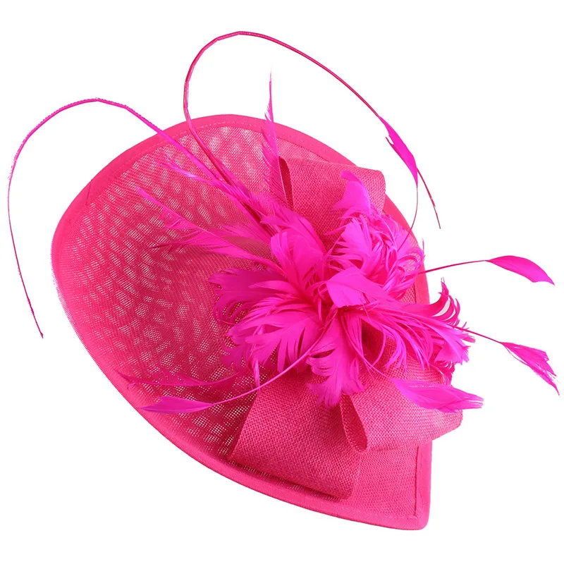 Персиковые вуалетки нарядный головной убор для Кентукки шляпа котелок с цветами для невесты перо на заколках для волос стиль - Цвет: Розово-красный