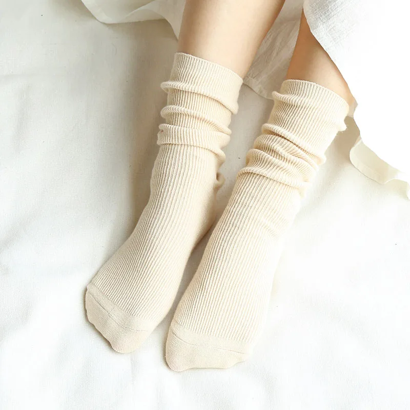 CHAOZHU  Japanese Korea High School Girls High Socks Loose Solid Colors Double Needles Knitting Cotton Long Socks Women